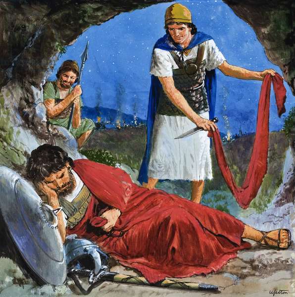 LAL300322 David by Uptton, Clive (1911-2006); Private Collection; (add.info.: The Story of David retold from the First Book of Samuel in the Bible: Saul's Escape. Original artwork for the illustration on p9 of Treasure no. 230.); © Look and Learn; English, out of copyright