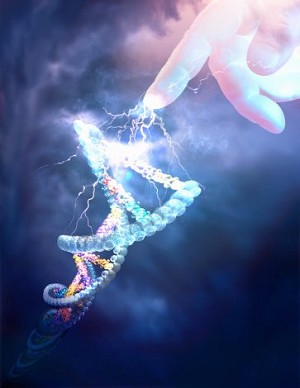 Lightning from pointing hand to double helix (Digital Composite)